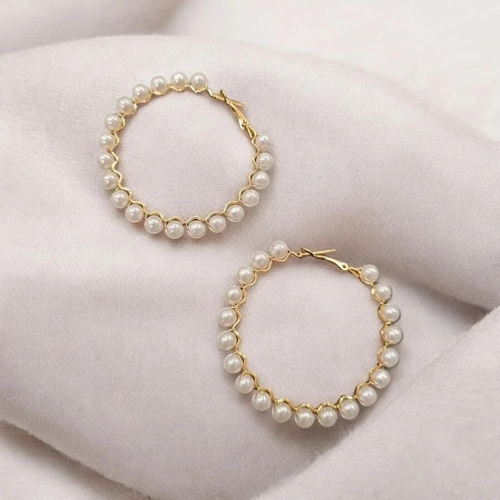 Gold Plated Faux Pearl Large Size Hoop Earrings